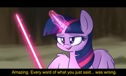 Size: 1500x900 | Tagged: safe, artist:heir-of-rick, twilight sparkle, alicorn, pony, g4, dialogue, female, glowing horn, horn, imminent death, lidded eyes, lightsaber, magic, mare, open mouth, smiling, smirk, smug, solo, spread wings, star wars, star wars: the last jedi, twilight sparkle (alicorn), weapon, wing fluff, wings
