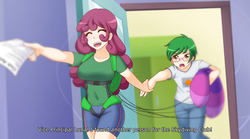 Size: 1280x710 | Tagged: safe, artist:jonfawkes, oc, oc:software patch, oc:windcatcher, human, equestria girls, g4, anime style, breasts, clothes, commission, cutie mark on clothes, fake screencap, glasses, harness, holding hands, humanized, implied vice principal luna, office, paper, parachute, pulling, school, shorts, subtitles, windpatch
