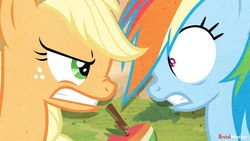 Size: 1280x720 | Tagged: safe, artist:brutalweather studio, applejack, rainbow dash, g4, angry, apple, food, looking at each other, scared, show accurate, this will end in apple bucking, this will not end well, zap apple