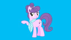 Size: 1280x720 | Tagged: safe, suri polomare, earth pony, pony, g4, blue background, clothes, female, happy, looking at you, mare, scarf, simple background, smiling