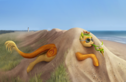 Size: 1000x650 | Tagged: safe, artist:geoffrey mcdermott, oc, oc only, oc:non toxic, monster pony, original species, tatzlpony, beach, buried, cute, food, ice cream, mid-transformation, sand, solo, tentacle tongue, tentacles, tongue out