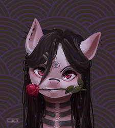 Size: 2480x2757 | Tagged: safe, artist:domidelance, oc, oc only, pony, choker, flower, flower in mouth, high res, piercing, rose, rose in mouth, solo