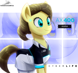 Size: 1120x1060 | Tagged: safe, artist:the-butch-x, android, earth pony, gynoid, pony, robot, robot pony, abstract background, ax400, commission, crossover, detroit: become human, female, hair bun, kara (detroit: become human), mare, ponified, smiling, solo