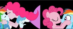 Size: 1024x414 | Tagged: safe, pinkie pie, rainbow dash, pony, equestria girls, g4, black background, female, kissing, lesbian, ship:pinkiedash, shipping, simple background