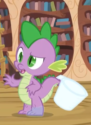 Size: 395x540 | Tagged: safe, screencap, spike, dragon, g4, just for sidekicks, season 3, claws, cropped, cup, golden oaks library, male, saliva on feet