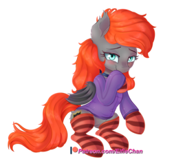 Size: 2800x2700 | Tagged: safe, artist:katakiuchi4u, oc, oc only, oc:grem, bat pony, pony, adorable face, bat pony oc, blushing, clothes, collar, cute, female, high res, hoodie, mare, patreon, patreon logo, simple background, smiling, socks, solo, striped socks, transparent background