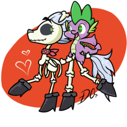 Size: 900x900 | Tagged: safe, artist:thequeenofkats, skellinore, spike, dragon, skeleton pony, g4, the break up breakdown, bone, boots, clothes, female, heart, male, riding, scarf, ship:dragon bones, shoes, simple background, skeleton, smiling, transparent background