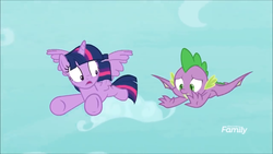 Size: 1280x720 | Tagged: safe, screencap, spike, twilight sparkle, alicorn, pony, g4, molt down, discovery family logo, female, male, mare, shocked, twilight sparkle (alicorn), winged spike, wings