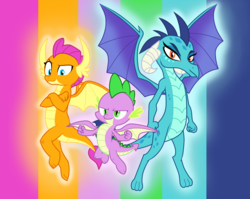 Size: 2200x1750 | Tagged: safe, artist:metal-jacket444, princess ember, smolder, spike, dragon, g4, molt down, abstract background, butt, crossed arms, dragon lord ember, dragoness, female, group, looking at you, male, pose, spread wings, trio, winged spike, wings