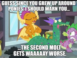 Size: 666x500 | Tagged: safe, edit, edited screencap, screencap, crackle, smolder, spike, dragon, g4, molt down, dragoness, female, image macro, male, meme, molting, stone scales, tongue out