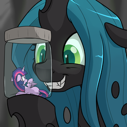 Size: 2000x2000 | Tagged: safe, artist:skitter, queen chrysalis, twilight sparkle, alicorn, changeling, changeling queen, pony, g4, captured, duo, duo female, evil smile, fangs, female, glass, glass jar, glowing eyes, grin, high res, hilarious in hindsight, holding a pony, jar, micro, pony in a bottle, size difference, smiling, trapped, twilight sparkle (alicorn)