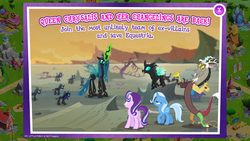 Size: 1280x720 | Tagged: safe, gameloft, discord, queen chrysalis, starlight glimmer, thorax, trixie, changeling, changeling queen, draconequus, pony, unicorn, g4, to where and back again, advertisement, female, game screencap, glowing horn, horn, male, mare, reformed four