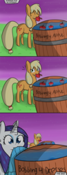 Size: 1621x4188 | Tagged: safe, artist:artiks, applejack, rarity, earth pony, pony, unicorn, g4, and then there's rarity, apple, apple bobbing, appul, barrel, clothes, comic, dress, duo, duo female, female, food, mouth hold, night, night sky, sky, stars, water, wet, wet mane, wet mane rarity