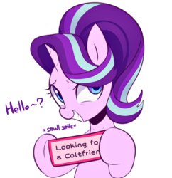 Size: 1428x1474 | Tagged: safe, artist:maren, edit, starlight glimmer, pony, unicorn, g4, bronybait, female, grin, hair over one eye, hoof hold, implied straight, lonely, looking at you, male, sign, single, smiling, straight