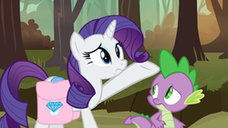 Size: 1920x1080 | Tagged: safe, screencap, rarity, spike, g4, molt down, forest, saddle bag, stone scales