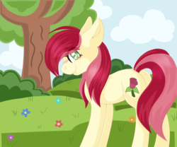 Size: 1800x1500 | Tagged: safe, artist:adostume, roseluck, earth pony, pony, g4, blushing, female, flower, happy, rose, smiling, solo, tree