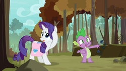 Size: 1920x1080 | Tagged: safe, screencap, rarity, spike, dragon, pony, unicorn, g4, molt down, duo, female, forest, male, mare, saddle bag, stone scales, tongue out