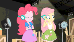 Size: 905x512 | Tagged: safe, edit, edited screencap, screencap, fluttershy, pinkie pie, equestria girls, equestria girls specials, g4, my little pony equestria girls: movie magic, animated, bracelet, clothes, crossed arms, cute, cutie mark headphones, duo, eyes closed, female, gif, hairpin, headphones, jewelry, nodding, party soft, shirt, skirt, tank top, teenager, the microphone girl, vest