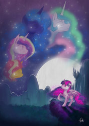 Size: 800x1131 | Tagged: safe, artist:lmkyouki, princess cadance, princess celestia, princess luna, sunset shimmer, twilight sparkle, alicorn, pony, unicorn, fanfic:in the land of twilight under the moon, g4, canterlot, crying, ethereal mane, eyes closed, fanfic, fanfic art, floppy ears, forest, goddess, looking up, moon, night, raised hoof, slit pupils, spread wings, stars, teary eyes, twilight sparkle (alicorn), wings