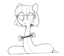 Size: 700x619 | Tagged: safe, artist:whydomenhavenipples, oc, oc only, oc:tija, cyborg, original species, snake pony, :<, a weapon to surpass metal gear, animated, black and white, blank expression, cute, freckles, grayscale, how, looking at you, monochrome, simple background, solo, tape, unstoppable, wat, white background, wide eyes