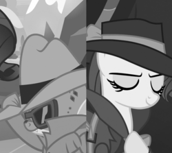 Size: 1212x1080 | Tagged: safe, edit, edited screencap, editor:lyinx, screencap, rarity, spike, dragon, pony, g4, molt down, rarity investigates, black and white, clothes, coat, cropped, detective rarity, female, grayscale, hat, male, mare, monochrome, noir, sunglasses