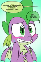 Size: 800x1214 | Tagged: safe, artist:emositecc, spike, dragon, g4, molt down, blushing, dialogue, implied smolder, male, nervous, offscreen character, smiling, solo, speech bubble, sweat, winged spike, wings