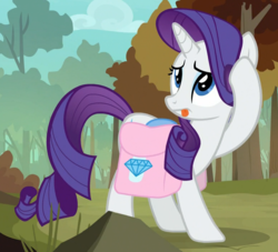Size: 776x705 | Tagged: safe, screencap, rarity, pony, unicorn, g4, molt down, cropped, female, forest, looking up, mare, raised hoof, saddle bag, solo, tongue out