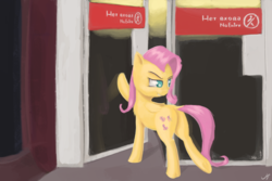 Size: 6000x4000 | Tagged: safe, artist:madgehog, fluttershy, pegasus, pony, g4, absurd resolution, butt, cyrillic, dock, exit, female, flutterbitch, folded wings, fuck the police, glass door, intruder, looking back, mare, metro, moral event horizon, moscow, no entry, plot, pure unfiltered evil, russian, smiling, smirk, solo, subway, underhoof, wings