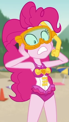 Size: 389x686 | Tagged: safe, screencap, pinkie pie, equestria girls, equestria girls series, g4, unsolved selfie mysteries, clothes, cropped, dive mask, goggles, pinkie pie swimsuit, snorkel, swimsuit, when she doesn't smile