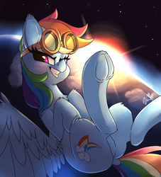 Size: 2000x2200 | Tagged: safe, artist:passigcamel, rainbow dash, pegasus, pony, g4, dock, falling, female, frog (hoof), goggles, grin, high res, mare, planet, smiling, solo, space, spread wings, stars, underhoof, wings