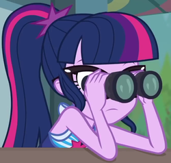 Size: 666x635 | Tagged: safe, screencap, sci-twi, twilight sparkle, equestria girls, equestria girls series, g4, unsolved selfie mysteries, binoculars, clothes, cropped, female, solo, swimsuit