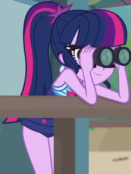 Size: 394x524 | Tagged: safe, screencap, sci-twi, twilight sparkle, equestria girls, equestria girls series, g4, unsolved selfie mysteries, binoculars, clothes, cropped, female, one-piece swimsuit, solo, swimsuit