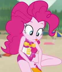 Size: 469x542 | Tagged: safe, screencap, pinkie pie, equestria girls, g4, my little pony equestria girls: better together, unsolved selfie mysteries, clothes, cropped, flippers (gear), pinkie pie swimsuit, raised leg, swimsuit, tongue out