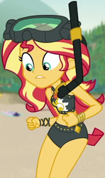 Size: 351x593 | Tagged: safe, screencap, sunset shimmer, human, equestria girls, g4, my little pony equestria girls: better together, unsolved selfie mysteries, clothes, cropped, dive mask, female, geode of empathy, goggles, magical geodes, snorkel, sunset shimmer swimsuit, sunset shimmer's beach shorts swimsuit, swimsuit