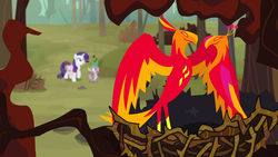 Size: 1920x1080 | Tagged: safe, screencap, rarity, spike, dragon, phoenix, pony, unicorn, g4, molt down, duo focus, female, forest, male, mare, nest, peewee's parents, spread wings