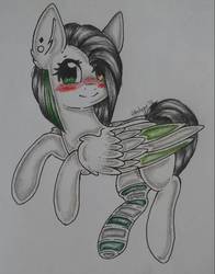 Size: 827x1053 | Tagged: safe, artist:adostume, pegasus, pony, blushing, clothes, ear piercing, earring, jewelry, piercing, smiling, socks, solo, striped socks, traditional art