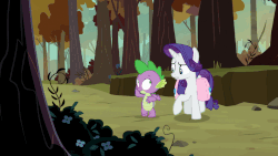 Size: 710x400 | Tagged: safe, screencap, rarity, spike, dragon, pony, unicorn, g4, molt down, animated, blinking, circling, cute, duo, female, forest, gif, loop, male, mare, open mouth, perfect loop, raribetes, saddle bag, spinning