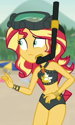 Size: 365x604 | Tagged: safe, screencap, sunset shimmer, equestria girls, g4, my little pony equestria girls: better together, unsolved selfie mysteries, beach shorts swimsuit, belly button, clothes, cropped, dive mask, female, goggles, snorkel, solo, sunset shimmer swimsuit, sunset shimmer's beach shorts swimsuit, swimsuit