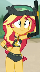 Size: 339x600 | Tagged: safe, screencap, sunset shimmer, equestria girls, g4, my little pony equestria girls: better together, unsolved selfie mysteries, beach shorts swimsuit, belly button, clothes, cropped, dive mask, female, geode of empathy, goggles, snorkel, solo, sunset shimmer swimsuit, sunset shimmer's beach shorts swimsuit, swimsuit