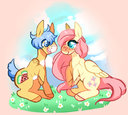 Size: 660x597 | Tagged: safe, artist:fursalot, fluttershy, oc, earth pony, pegasus, pony, g4, blushing, canon x oc, smiling