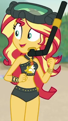 Size: 326x583 | Tagged: safe, screencap, sunset shimmer, equestria girls, g4, my little pony equestria girls: better together, unsolved selfie mysteries, beach shorts swimsuit, beautiful, belly button, clothes, cropped, dive mask, female, goggles, snorkel, solo, sunset shimmer swimsuit, sunset shimmer's beach shorts swimsuit, swimsuit