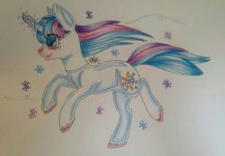 Size: 1157x803 | Tagged: safe, artist:adostume, oc, oc only, oc:winter eclipse, pony, unicorn, blushing, running, smiling, solo, traditional art