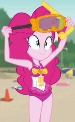 Size: 426x696 | Tagged: safe, screencap, pinkie pie, equestria girls, equestria girls series, g4, unsolved selfie mysteries, clothes, cropped, dive mask, goggles, pinkie pie swimsuit, swimsuit