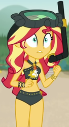 Size: 344x633 | Tagged: safe, screencap, sunset shimmer, equestria girls, equestria girls series, g4, unsolved selfie mysteries, beach shorts swimsuit, clothes, cropped, dive mask, female, goggles, solo, sunset shimmer swimsuit, sunset shimmer's beach shorts swimsuit, swimsuit