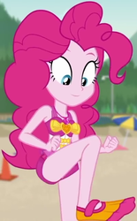 Size: 399x644 | Tagged: safe, screencap, pinkie pie, equestria girls, equestria girls series, g4, unsolved selfie mysteries, animation error, clothes, cropped, pinkie pie swimsuit, raised leg, swimsuit