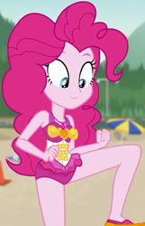Size: 417x647 | Tagged: safe, screencap, pinkie pie, equestria girls, g4, my little pony equestria girls: better together, unsolved selfie mysteries, clothes, cropped, pinkie pie swimsuit, raised leg, swimsuit