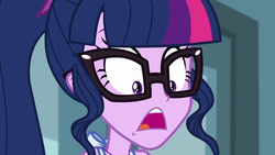 Size: 1280x720 | Tagged: safe, screencap, sci-twi, twilight sparkle, equestria girls, g4, my little pony equestria girls: better together, unsolved selfie mysteries, close-up, clothes, female, glasses, holy moly!, open mouth, screaming, shocked, shrunken pupils, solo, swimsuit, wide eyes, worried