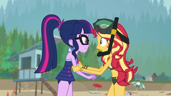 Size: 1280x720 | Tagged: safe, screencap, sci-twi, sunset shimmer, twilight sparkle, equestria girls, g4, my little pony equestria girls: better together, unsolved selfie mysteries, beach shorts swimsuit, clothes, duo, duo female, female, glasses, one-piece swimsuit, ponytail, sci-twi swimsuit, snorkel, sunset shimmer's beach shorts swimsuit, swimsuit