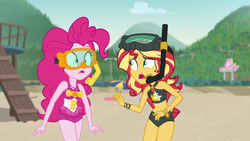 Size: 1280x720 | Tagged: safe, screencap, pinkie pie, sunset shimmer, human, equestria girls, g4, my little pony equestria girls: better together, unsolved selfie mysteries, belly button, clothes, dive mask, female, goggles, one-piece swimsuit, pinkie pie swimsuit, snorkel, sunset shimmer's beach shorts swimsuit, swimsuit, when she doesn't smile