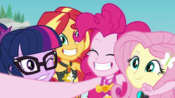 Size: 1280x720 | Tagged: safe, screencap, fluttershy, pinkie pie, sci-twi, sunset shimmer, twilight sparkle, equestria girls, equestria girls series, g4, unsolved selfie mysteries, clothes, cute, diapinkes, female, geode of empathy, geode of sugar bombs, group, quartet, selfie, shimmerbetes, shyabetes, swimsuit, twiabetes